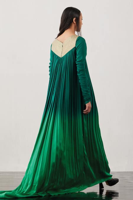 Shop_Akhl_Green Satin (66% Viscose 34% Modal)+ Silk-raffia Mesh (30% Pleated Flared Gown _at_Aza_Fashions