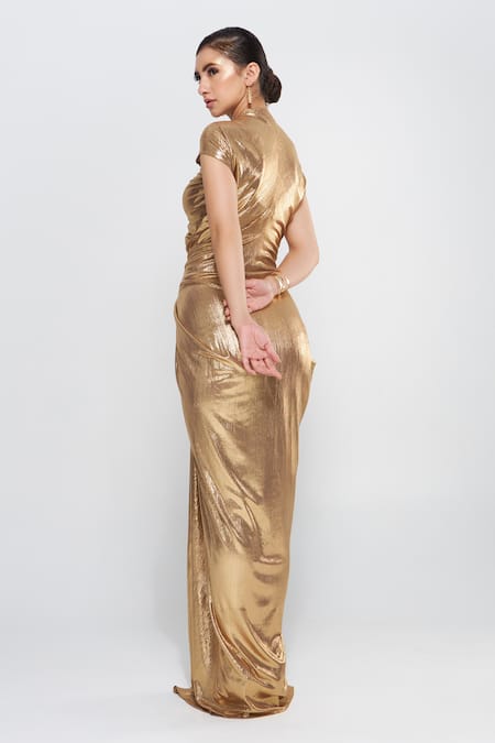 Shop Cham Cham Gold Polyester V-neck Pleated Draped Sleeve Gown at Aza Fashions Shop_Cham Cham_Gold Polyester V-neck Pleated Draped Sleeve Gown _at_Aza_Fashions