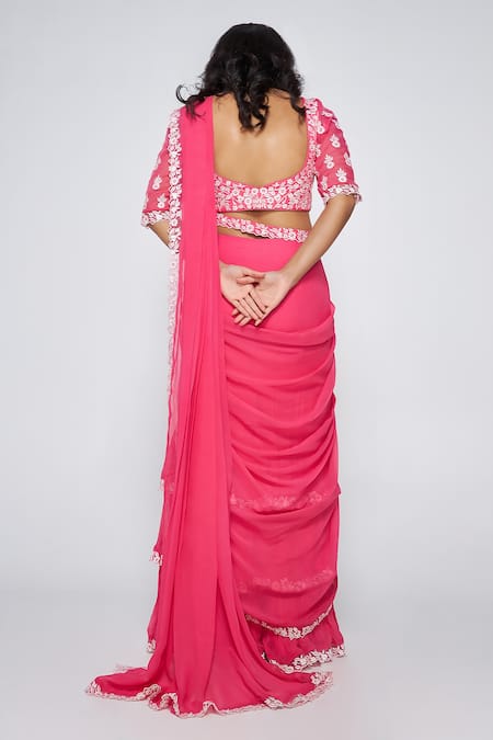 Shop Asaga Pink Silk, Georgette Embroidery Sweetheart Neck Jolie Pre-draped Saree at Aza Fashions Shop_Asaga_Pink Silk, Georgette Embroidery Sweetheart Neck Jolie Pre-draped Saree _at_Aza_Fashions