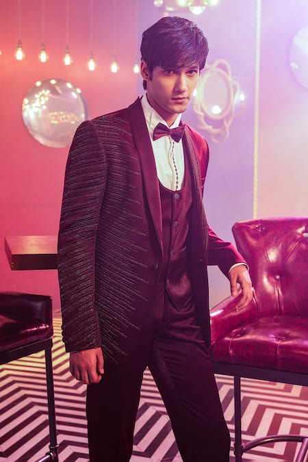 Shop Kora By Nilesh Mitesh Purple Silk Embellished Geometric Patterns Vintage Tuxedo Suit Set at Aza Fashions Shop_Kora By Nilesh Mitesh_Purple Silk Embellished Geometric Patterns Vintage Tuxedo Suit Set_at_Aza_Fashions