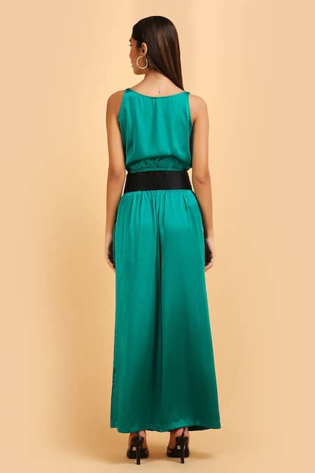 Shop_Label Ivish_Green Silk Round Neck Emerald Satin Pant Set _at_Aza_Fashions