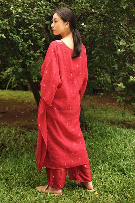 Shop Baju Red Chanderi Cotton, Silk Beads, Embroidery V-neck Printed Kaftan With Inner at Aza Fashions Shop_Baju_Red Chanderi Cotton, Silk Beads, Embroidery V-neck Printed Kaftan With Inner_at_Aza_Fashions