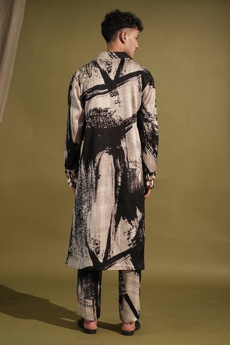 Shop_Nikita Mhaisalkar_Black Cotton Satin Beads Organic Abstract Print Kurta With Pant _at_Aza_Fashions