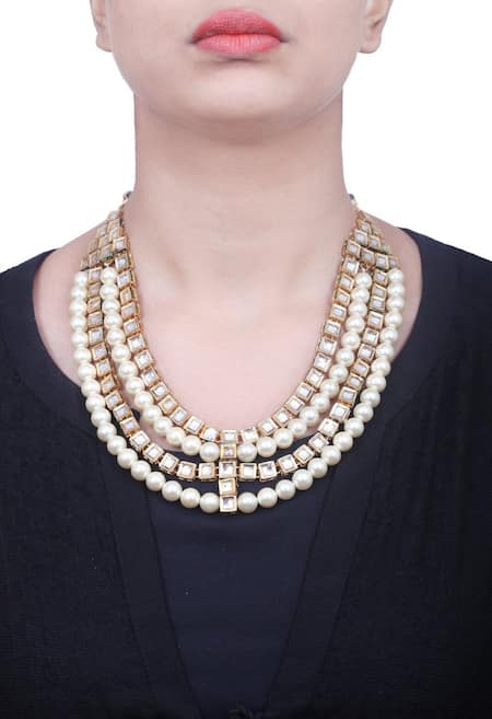 Shop Just Shradhas Gold Plated Layered Pearl And Square Kundan Necklace at Aza Fashions Shop_Just Shradhas_Gold Plated Layered Pearl And Square Kundan Necklace _at_Aza_Fashions