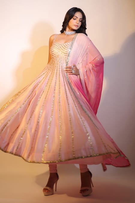Shop_Pallavi Jaipur_Pink Anarkali Kora Silk, Dupatta Diamond Chiffon, Leggings Satin Lycra, Set _at_Aza_Fashions
