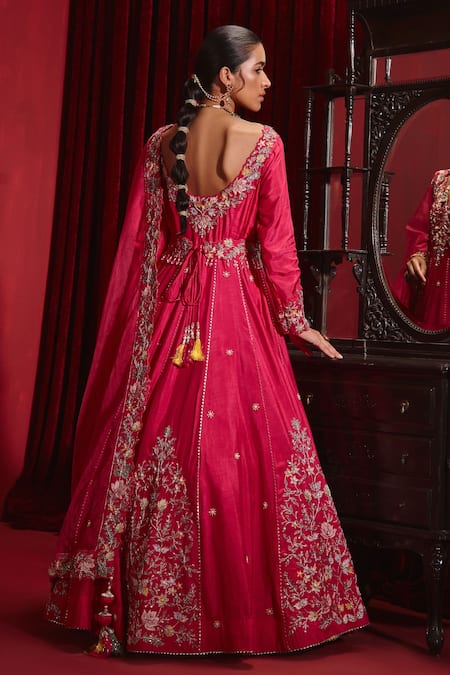Shop Ajiesh Oberoi Pink Silk, Lycra, Organza Tassels, Cut Work, Naira Floral Long Anarkali Set at Aza Fashions Shop_Ajiesh Oberoi_Pink Silk, Lycra, Organza Tassels, Cut Work, Naira Floral Long Anarkali Set _at_Aza_Fashions