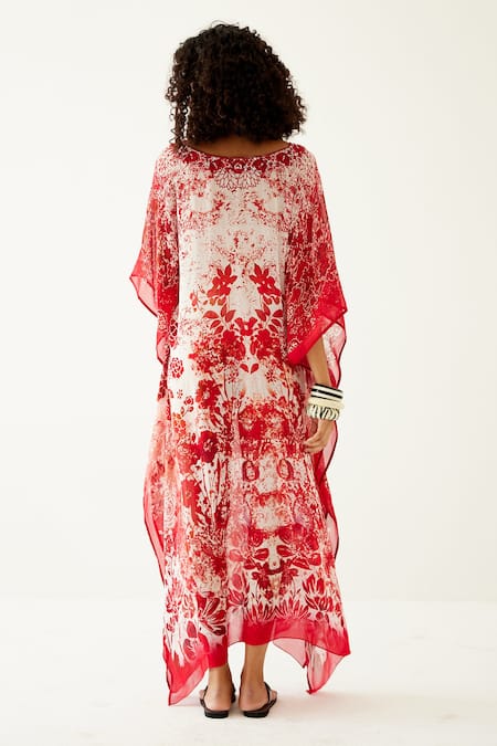 Shop Payal Jain Red Georgette Floral Pattern V Neck Long Kaftan at Aza Fashions Shop_Payal Jain_Red Georgette Floral Pattern V Neck Long Kaftan_at_Aza_Fashions
