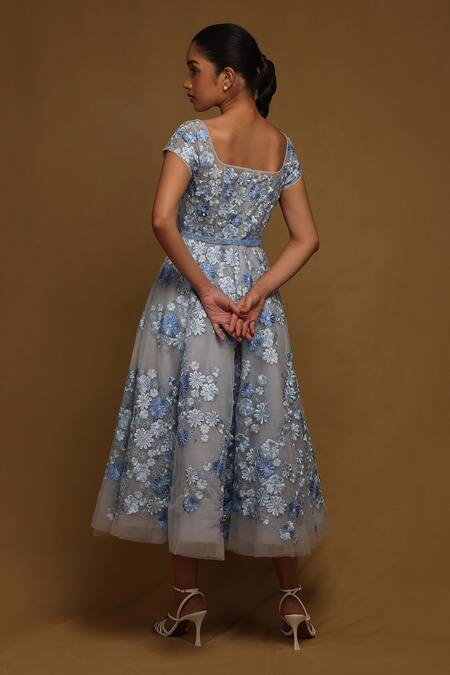 Shop_Shriya Som_Blue Tulle Pearls, Sequins, Crystals Square Neck Floral Thread Embroidered Dress _at_Aza_Fashions