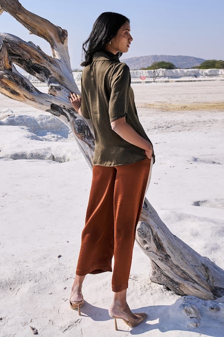 Shop Dash And Dot Green Polyester Gota Patti Asymmetric Embroidered Shirt With Culottes at Aza Fashions Shop_Dash And Dot_Green Polyester Gota Patti Asymmetric Embroidered Shirt With Culottes _at_Aza_Fashions