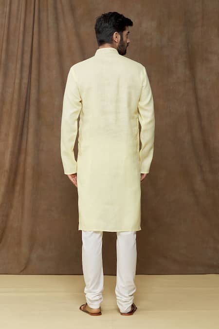 Shop Arihant Rai Sinha Yellow Linen, Cotton Embroidery Placket Kurta at Aza Fashions Shop_Arihant Rai Sinha_Yellow Linen, Cotton Embroidery Placket Kurta _at_Aza_Fashions
