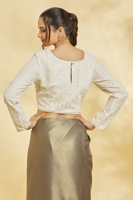 Shop Adara Khan Off White Chikankari Embroidered Saree Blouse at Aza Fashions Shop_Adara Khan_Off White Chikankari Embroidered Saree Blouse_at_Aza_Fashions