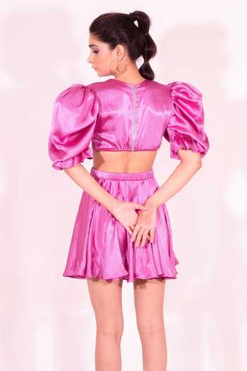 Shop SONAM PARMAR JHAWAR Pink Textured Silk Plain Round Madelyne Side Cut Out Dress at Aza Fashions Shop_SONAM PARMAR JHAWAR_Pink Textured Silk Plain Round Madelyne Side Cut Out Dress_at_Aza_Fashions