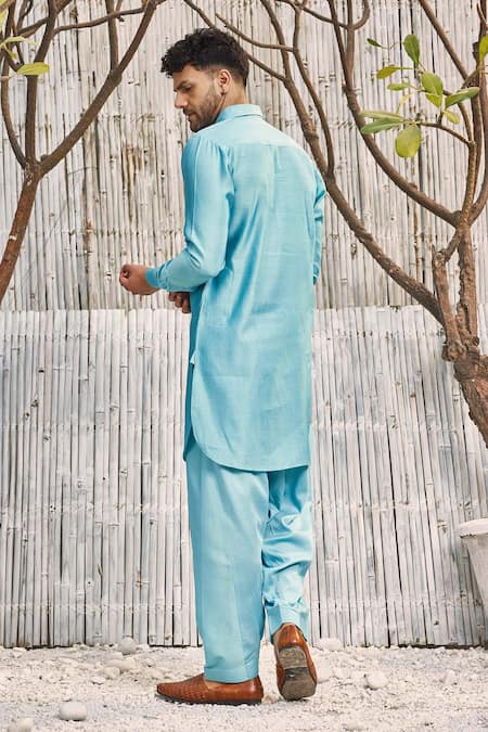 Shop Charkhee Blue Chanderi, , Satin Pathani Kurta And Salwar Set at Aza Fashions Shop_Charkhee_Blue Chanderi, , Satin Pathani Kurta And Salwar Set _at_Aza_Fashions