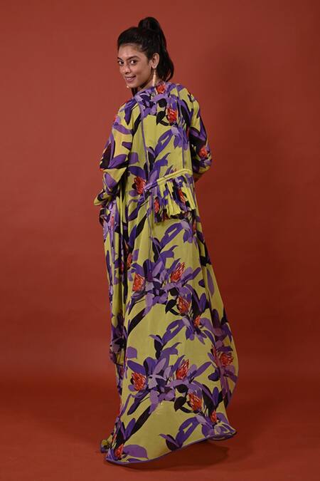 Shop_Rimi Nayak_Yellow Organza Open Neck Chanderi Pine Flower Draped Overlay _at_Aza_Fashions