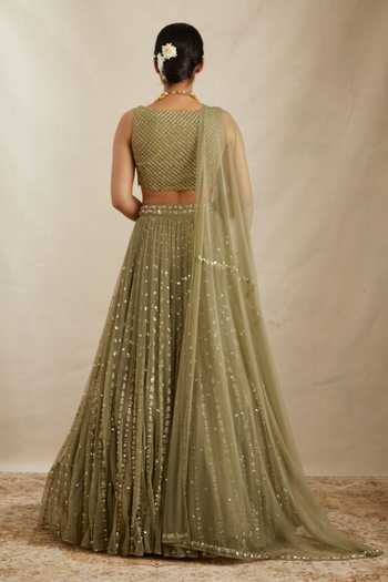 Shop ASTHA NARANG Green Net, Crepe, Nylon Embroidery, Sequins V-neck Botanic Bridal Lehenga Set at Aza Fashions Shop_ASTHA NARANG_Green Net, Crepe, Nylon Embroidery, Sequins V-neck Botanic Bridal Lehenga Set _at_Aza_Fashions