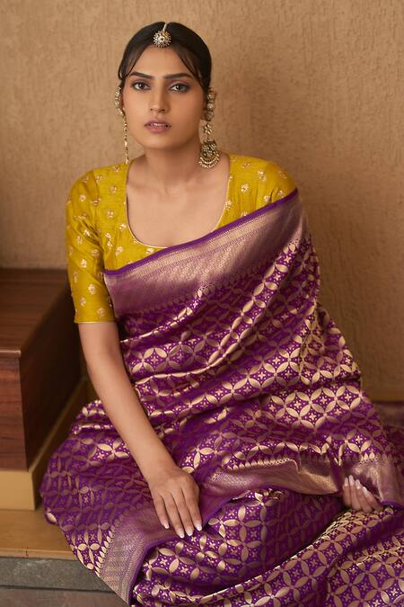 Shop Devissha Purple Pure Katan Silk Floral Handwoven Banarasi Saree at Aza Fashions Shop_Devissha_Purple Pure Katan Silk Floral Handwoven Banarasi Saree_at_Aza_Fashions