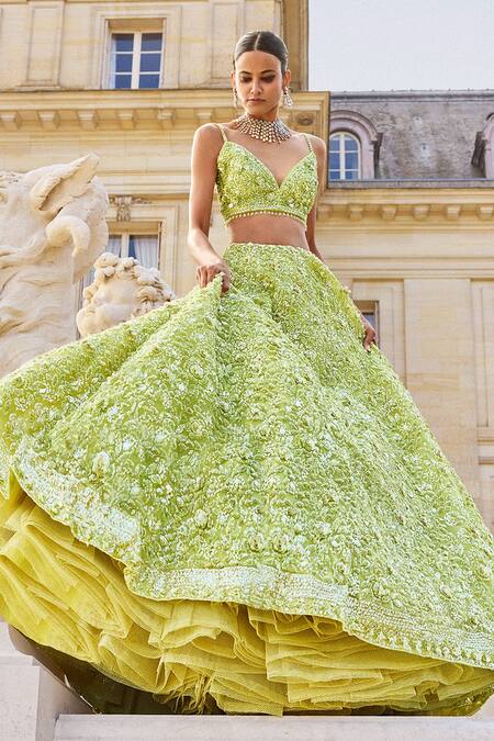 Shop_Seema Gujral_Green Net Sequins, Beads, Crystals Tonal Embroidered Bridal Lehenga Set_at_Aza_Fashions