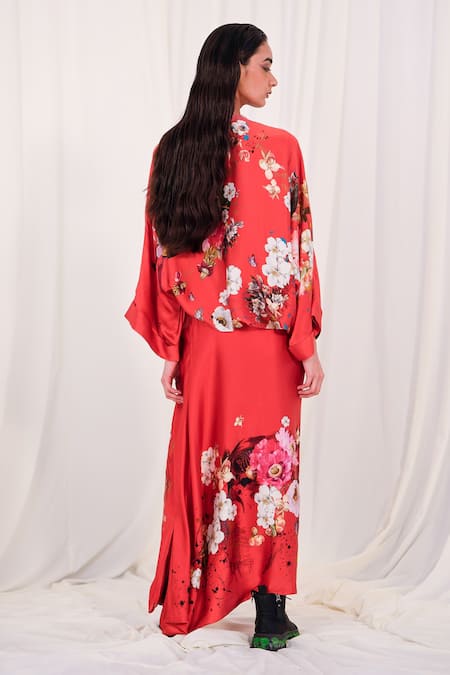 Shop AK-OK Red Silk Round Neck Flower And Ostrich Print Top & Skirt Set at Aza Fashions Shop_AK-OK_Red Silk Round Neck Flower And Ostrich Print Top & Skirt Set _at_Aza_Fashions