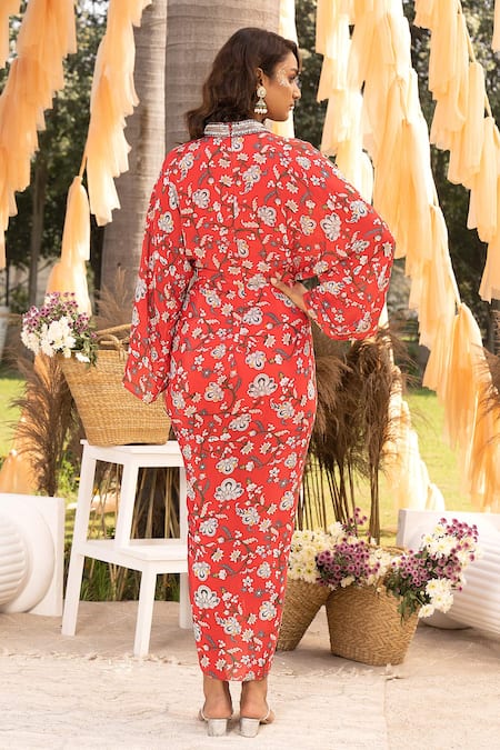 Shop Chhavvi Aggarwal Red Crepe Sequins, Cut Work V-neck Floral Print Draped Dress at Aza Fashions Shop_Chhavvi Aggarwal_Red Crepe Sequins, Cut Work V-neck Floral Print Draped Dress _at_Aza_Fashions