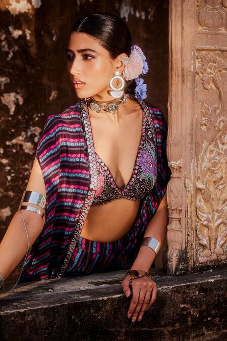 Shop_Awigna_Wine Crepe Mirror, Stripe Blouse Scoop Neck, Cape Qaabira Printed Sharara Set_at_Aza_Fashions