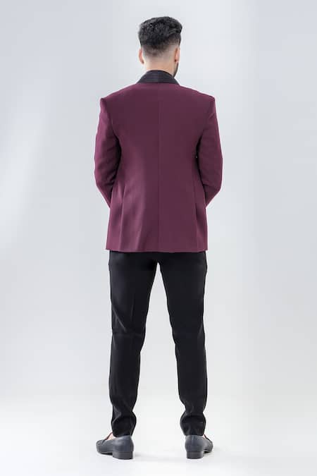 Shop_Amrit Dawani_Black Polyester Maroon Lapel Collar Tuxedo Set _at_Aza_Fashions