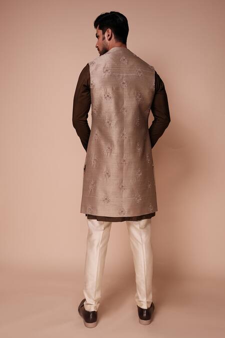 Shop_Tisa - Men_Beige Silk, Cotton Embroidery, Sequins Floral Bundi Kurta Set_at_Aza_Fashions