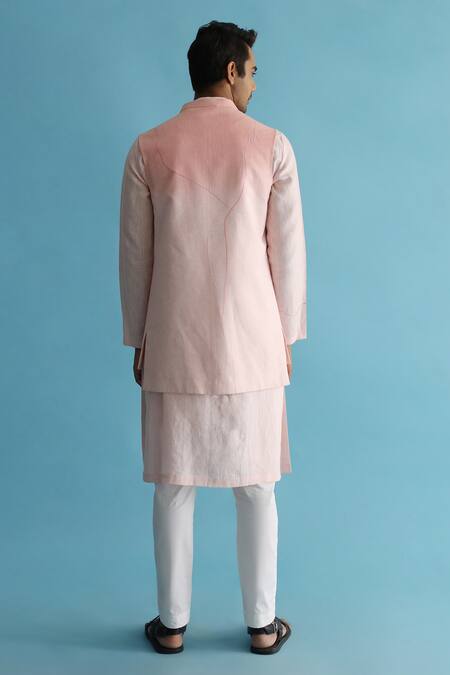 Shop Kaha Pink Linen Embroidery Nehru Jacket And Kurta Set at Aza Fashions Shop_Kaha_Pink Linen Embroidery Nehru Jacket And Kurta Set_at_Aza_Fashions
