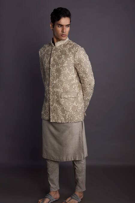 Shop_Gram Of Ink_Beige Jersey, Silk, Cotton, Lycra Embroidery, Floral Jodhpuri Jacket Set_at_Aza_Fashions