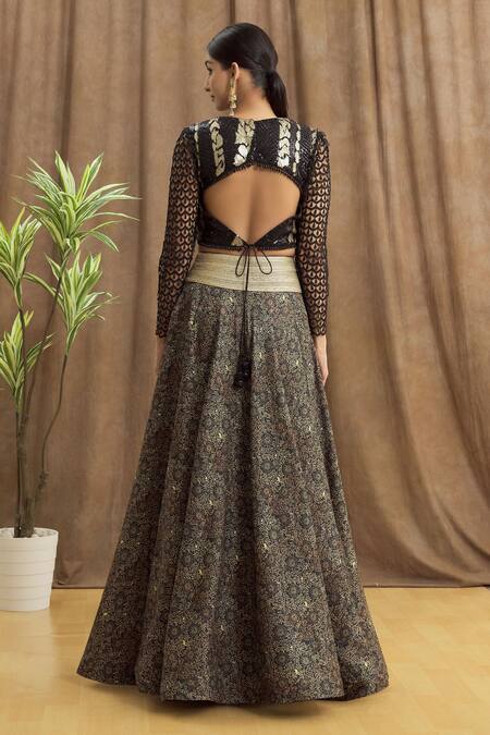 Shop_Samyukta Singhania_Black Net, Silk Sequins Floral Pattern Lehenga Set With Embroidered Blouse_at_Aza_Fashions