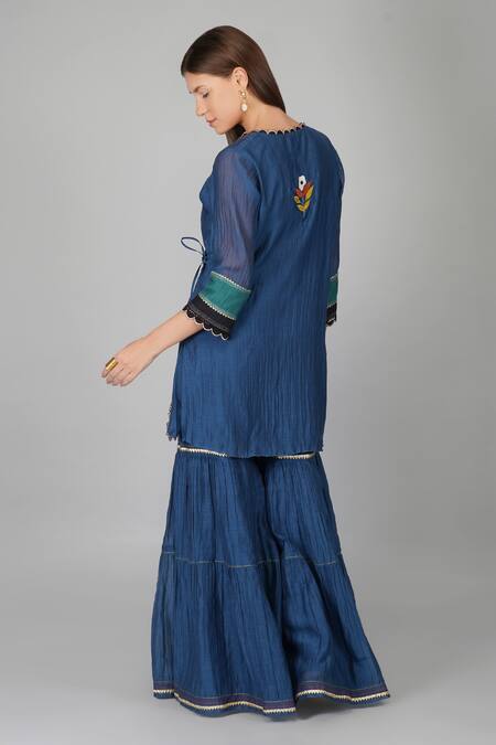 Shop_Devyani Mehrotra_Blue Chanderi 40gm Embroidered Applique V Neck Woke Angarkha Gharara Set_at_Aza_Fashions