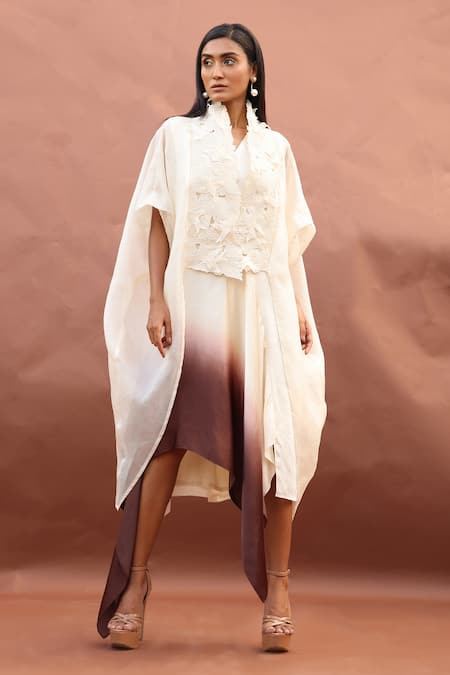 Shop Richa Khemka Beige Organza, Modal, Taffeta Applique V-neck Forsea Kaftan And Ombre Dress Set at Aza Fashions Shop_Richa Khemka_Beige Organza, Modal, Taffeta Applique V-neck Forsea Kaftan And Ombre Dress Set _at_Aza_Fashions