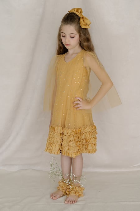 Shop Swati Golyan Yellow Net Embroidery Sequins Cape Sleeves Dress at Aza Fashions Shop_Swati Golyan_Yellow Net Embroidery Sequins Cape Sleeves Dress _at_Aza_Fashions