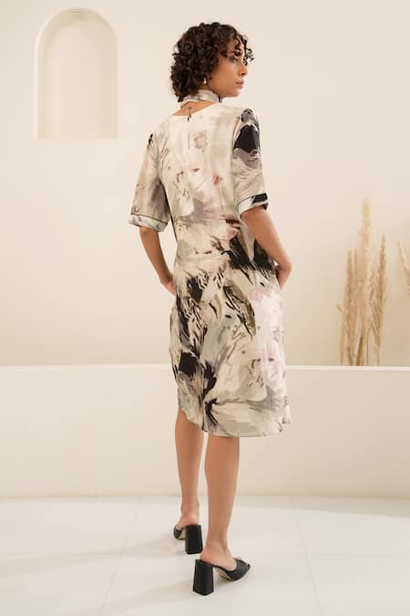 Shop Arcvsh By Pallavi Singh Grey Chanderi Fringe Round Neck Floral Print Asymmetric Hem Dress at Aza Fashions Shop_Arcvsh By Pallavi Singh_Grey Chanderi Fringe Round Neck Floral Print Asymmetric Hem Dress _at_Aza_Fashions