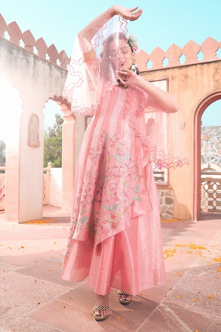 Show Shaa Peach Kota Doria, Cotton, Crepe Sequins, Floral Applique Angarkha Pant Set Online at Aza Fashions Show Shaa_Peach Kota Doria, Cotton, Crepe Sequins, Floral Applique Angarkha Pant Set _Online_at_Aza_Fashions