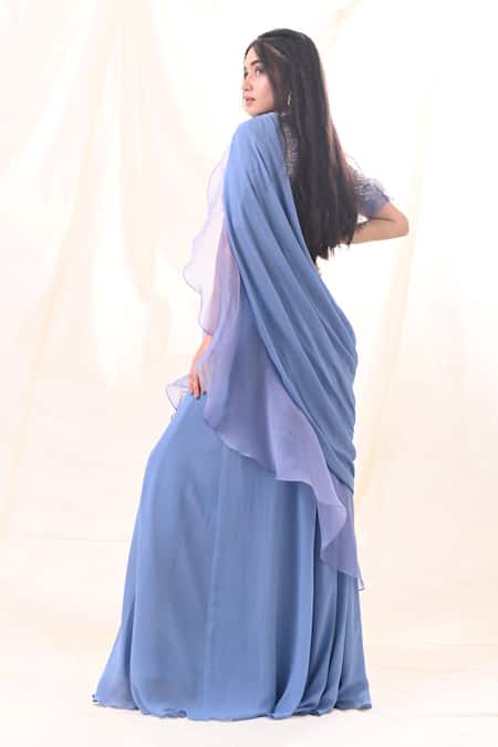 Shop PIRI INDIA Blue Georgette, Organza Beads, Pearls, Ocean Pre-draped Saree And Crop Top at Aza Fashions Shop_PIRI INDIA_Blue Georgette, Organza Beads, Pearls, Ocean Pre-draped Saree And Crop Top _at_Aza_Fashions