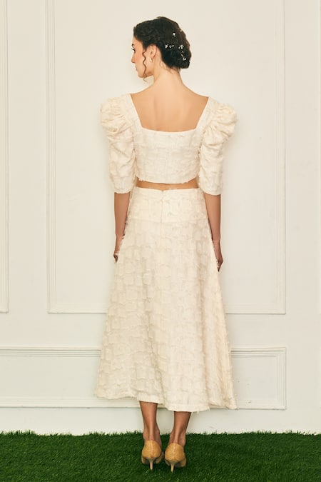 Shop_Therealb_Cream Polyester Embroidery Square Neck Delicate Heart Blouse And Skirt Set _at_Aza_Fashions