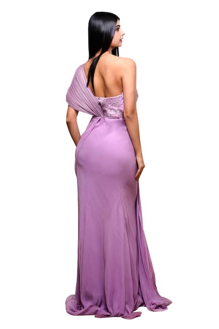 Shop_Archana Kochhar_Purple Net, Lycra, Satin Embroidery Sweetheart Rachel Structured Draped Gown _at_Aza_Fashions