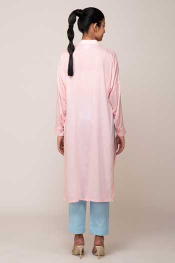 Ekavira Pink Cotton Collared Rosemary Color Block Shirt Tunic And Iris Pant Set 2