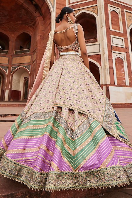 Shop Aditi Gupta Pink Brocade Crystals, Mirrors, Bandhani And Zardozi Bridal Lehenga Set at Aza Fashions Shop_Aditi Gupta_Pink Brocade Crystals, Mirrors, Bandhani And Zardozi Bridal Lehenga Set _at_Aza_Fashions