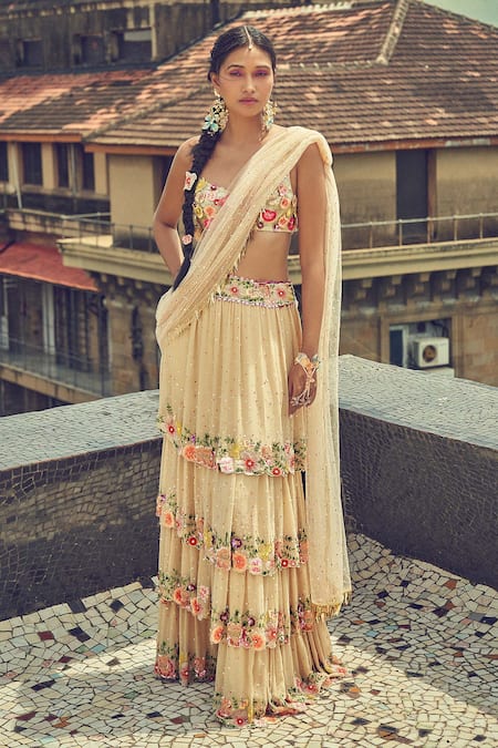 Surily G Floral Embroidered Layered Lehenga Saree 