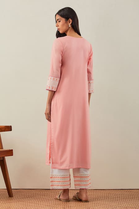 Shop_The Indian Cause_Peach Cotton Mirrors, Beads Round Neck Rooh Yoke Embroidered Kurta _at_Aza_Fashions
