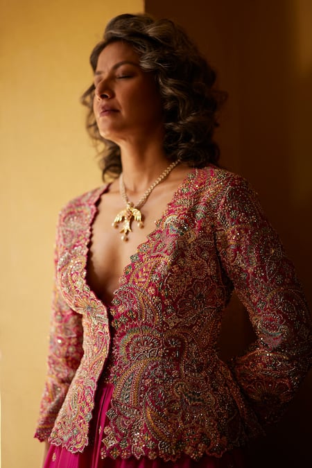 Mrunalini Rao_Pink Silk Embroidery, Zari V-neck Zardozi Jacket Lehenga Set _Online_at_Aza_Fashions
