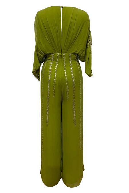 Shop_Amrta By Guneet Kondal_Green Viscose Sequins, Beads V-neck Embroidered Jumpsuit _at_Aza_Fashions