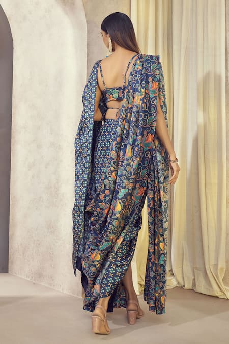 Affroz Maaya Pre-Draped Floral Print Saree With Blouse 