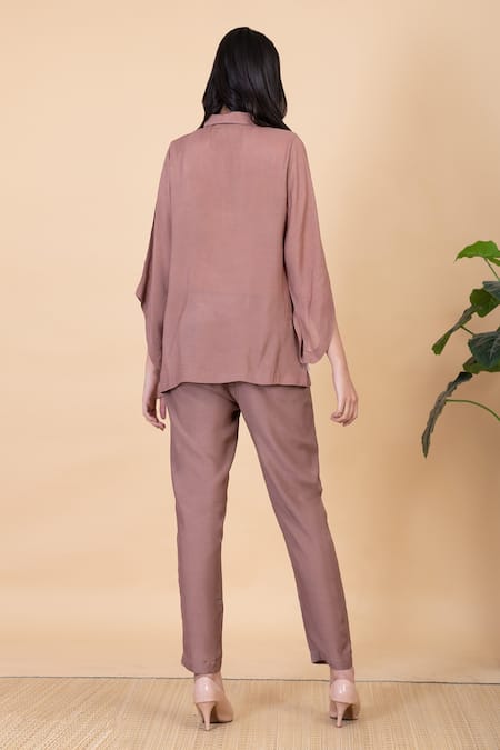 Shop Chambray & CO. Brown Silk Beads Collared Faiza Applique Work Shirt And Pant Set at Aza Fashions Shop_Chambray & CO._Brown Silk Beads Collared Faiza Applique Work Shirt And Pant Set _at_Aza_Fashions