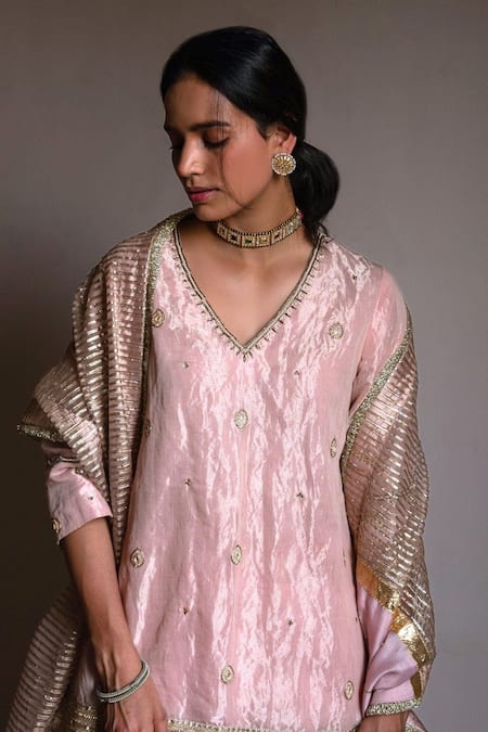 Shop Shorshe Clothing Pink Handloom Cotton Embroidery, Pearls V-neck Tissue Kurta And Gharara Set at Aza Fashions Shop_Shorshe Clothing_Pink Handloom Cotton Embroidery, Pearls V-neck Tissue Kurta And Gharara Set _at_Aza_Fashions