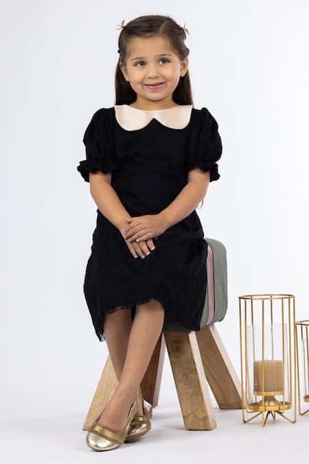 Shop_Darleen Kids Couture_Black Net, Linen Floral Chandelier Dress _at_Aza_Fashions