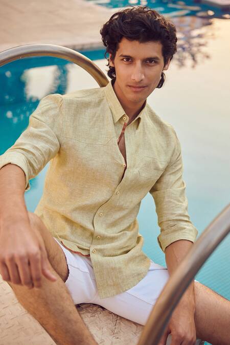 Shop_Philocaly_Green 100% Linen Sapling Shirt _at_Aza_Fashions