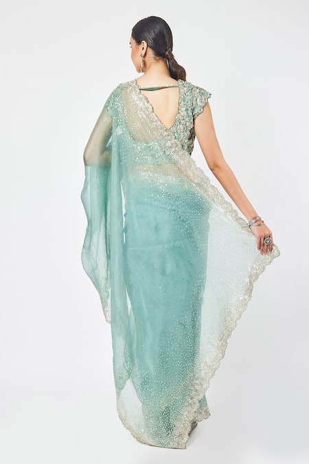 Shop Onaya Green Organza Sequin And Cut Dana Work V Neck Embroidered Saree With Blouse at Aza Fashions Shop_Onaya_Green Organza Sequin And Cut Dana Work V Neck Embroidered Saree With Blouse _at_Aza_Fashions