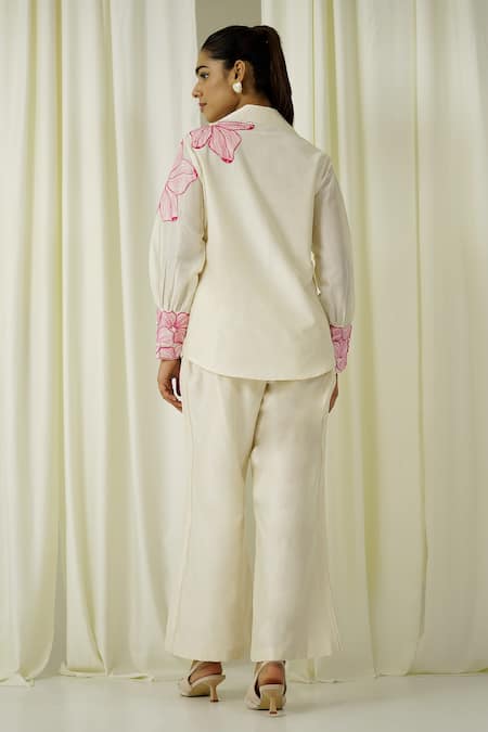 Shop Sakshi Khetterpal Ivory Chanderi Pearls, Beads, Embroidery Collared Lace Work Pant Set at Aza Fashions Shop_Sakshi Khetterpal_Ivory Chanderi Pearls, Beads, Embroidery Collared Lace Work Pant Set _at_Aza_Fashions